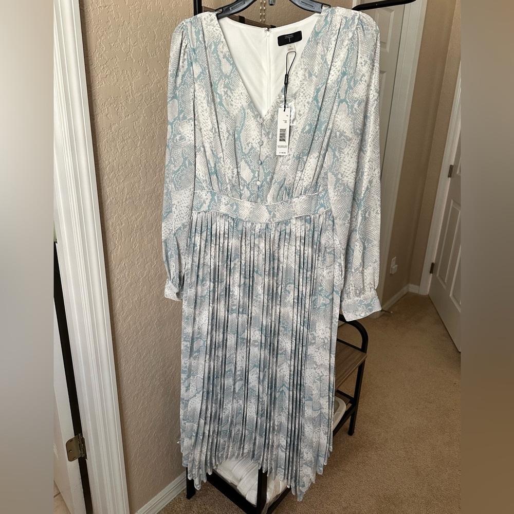 Tahari Light Blue and White Snake-Print Pleated Midi Dress